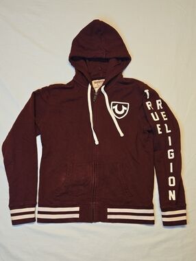 True Religion Maroon Seal Full Zip Hoodie Sweater with White Logos Vintage Y2K